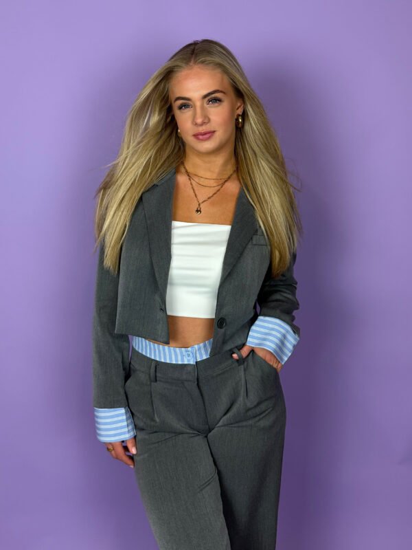 Grijze korte blazer blauwe pintstripe details