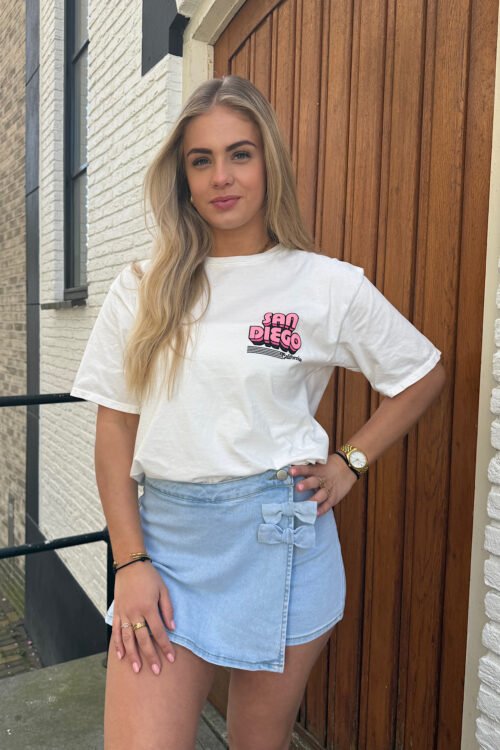 Blauw denim skort met strikjes 3008
