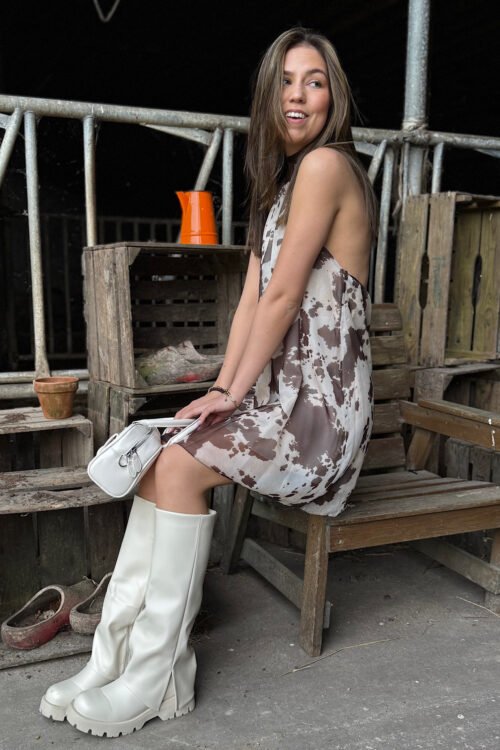 Bruine cow print halter jurkje met open rug