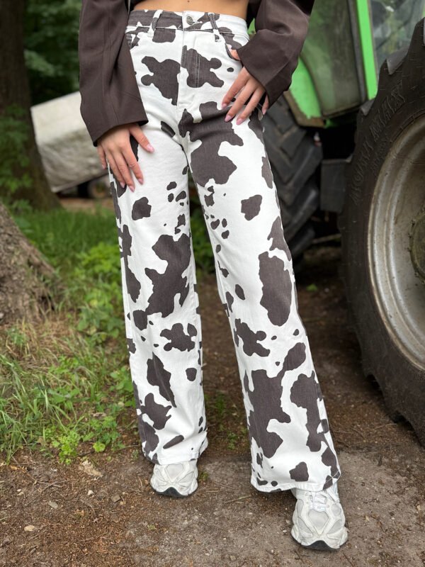 Denim cow print wide leg jeans