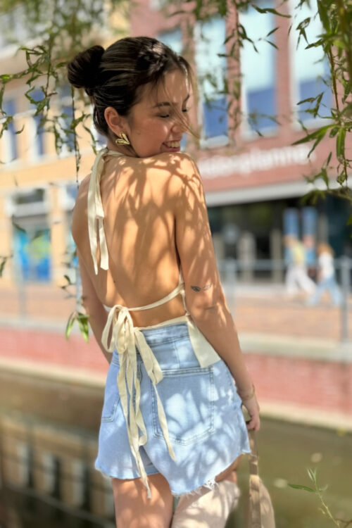 Ecru top met open rug Celine