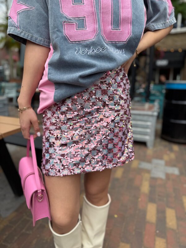 Roze/ wit geblokt pailletten rokje
