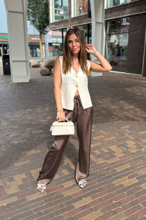 Bruin satijnen wide leg broek Léanne
