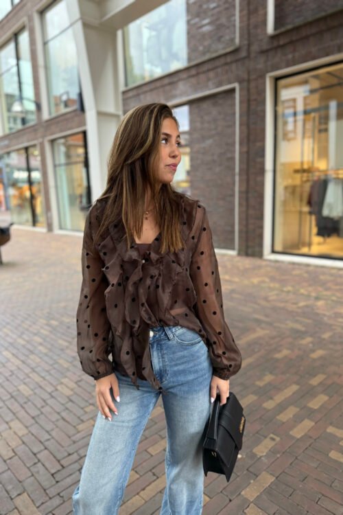 Bruine stippen blouse met volants