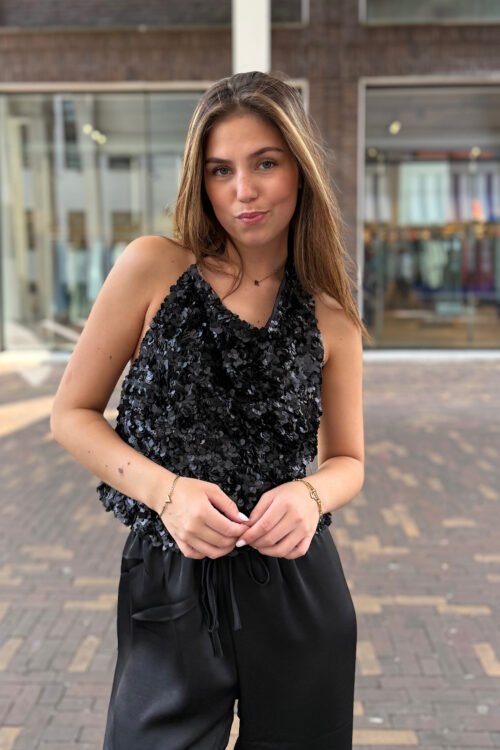 Zwarte pailletten top met open rug Louna