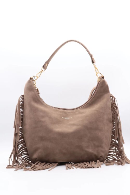 Taupe tas met fringe en gouden details 7531