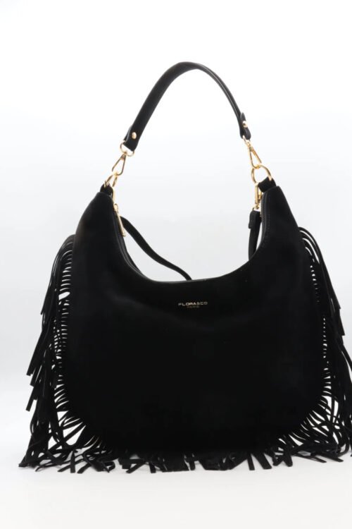 Zwarte tas met fringe en gouden details 7531