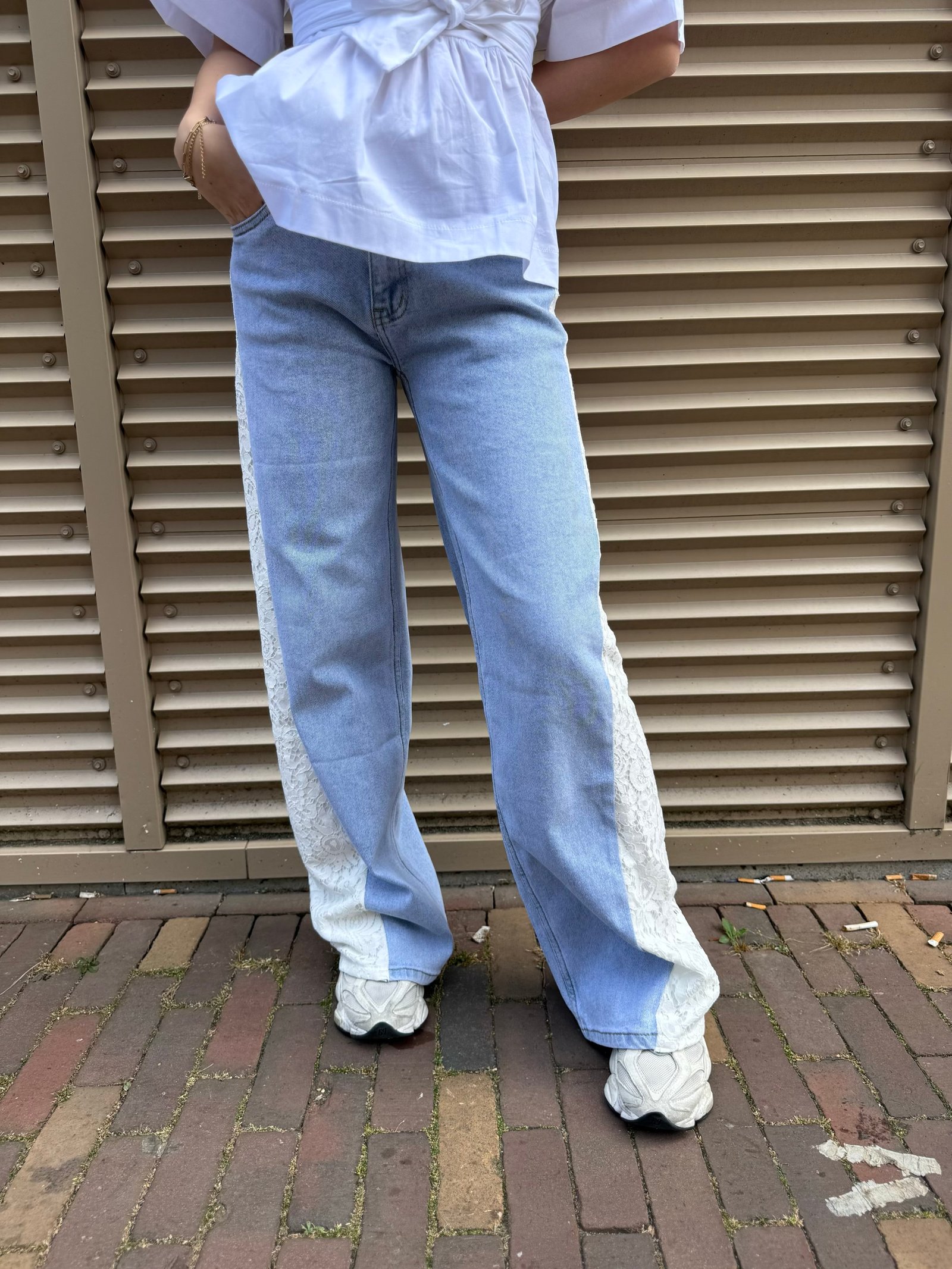 Blauwe wide leg jeans met kant Q185