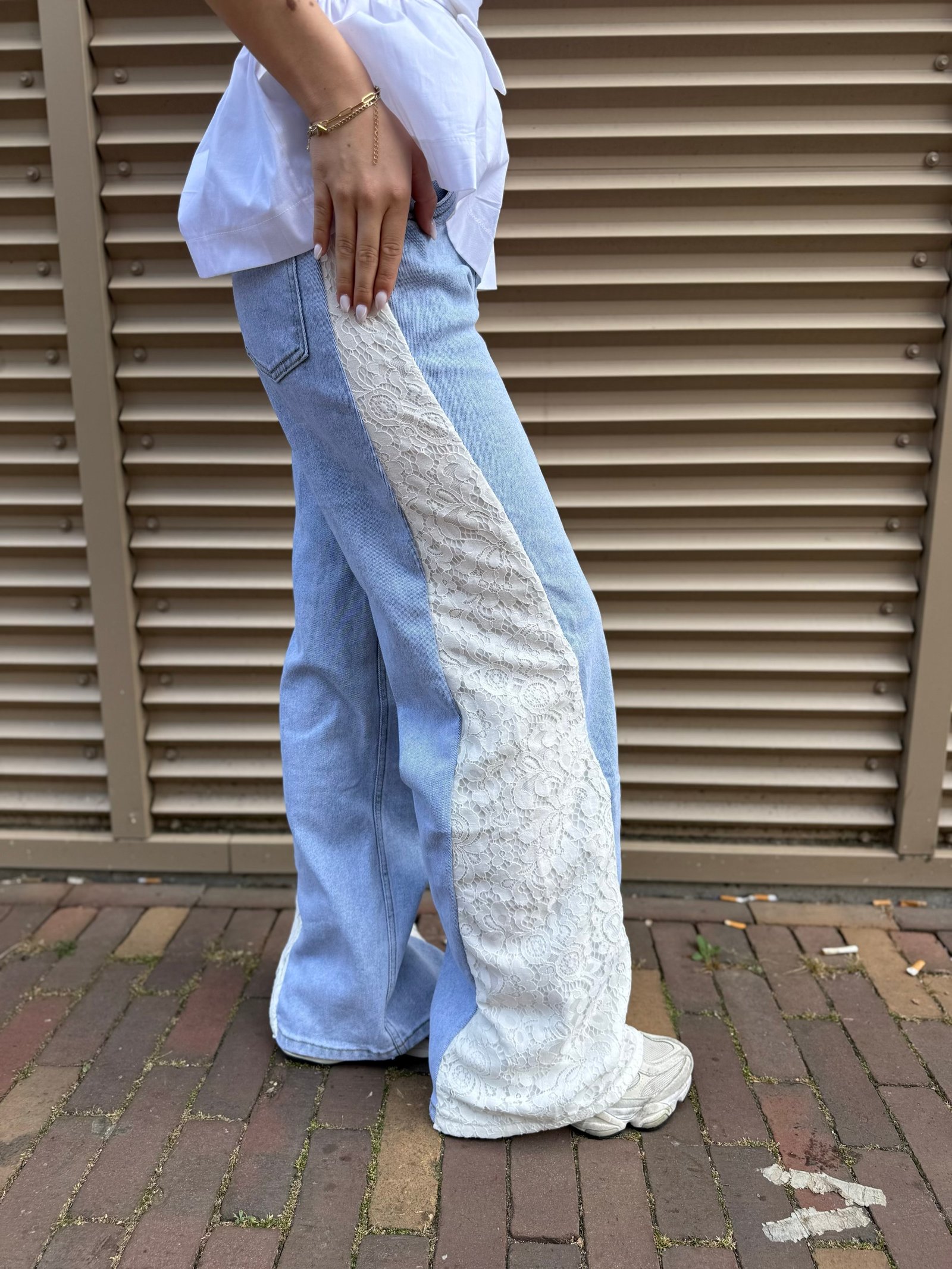 Blauwe wide leg jeans met kant Q185