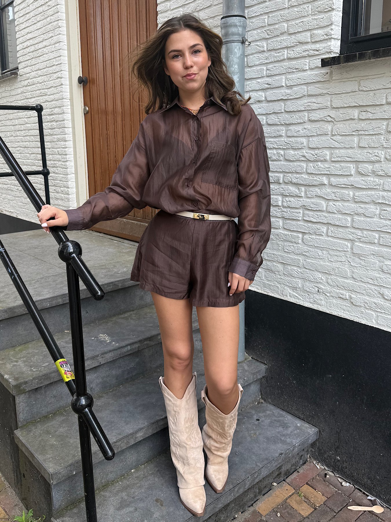 Bruin satijnen blouse Xiva