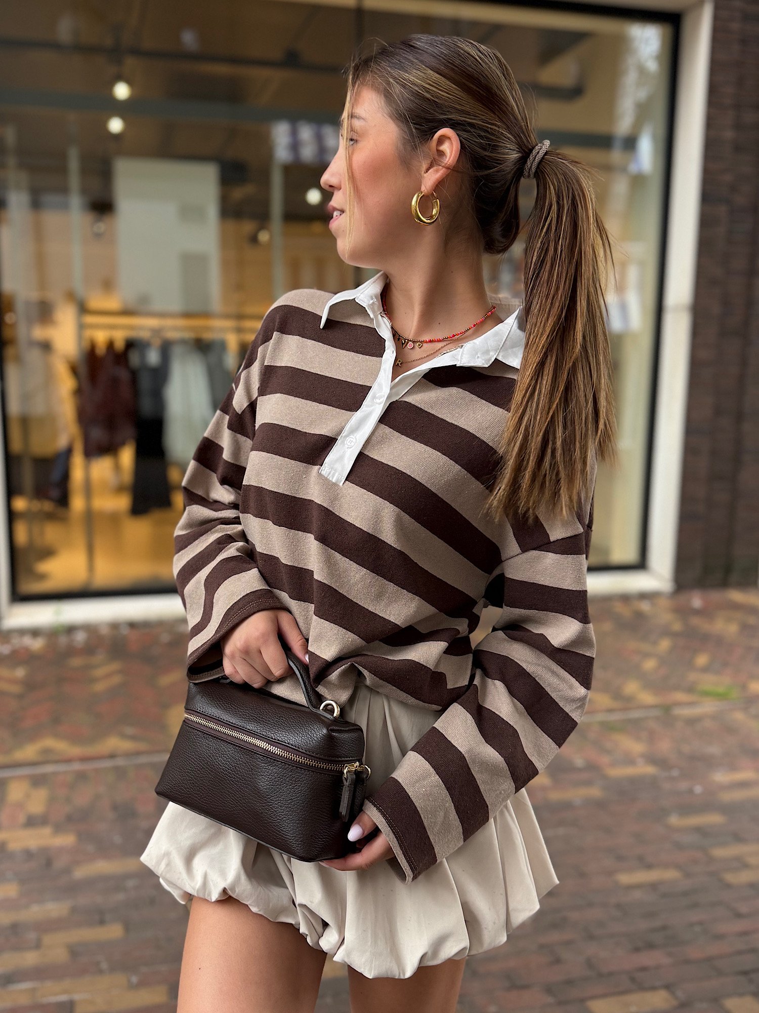 Bruin/ taupe gestreepte polo Jessy