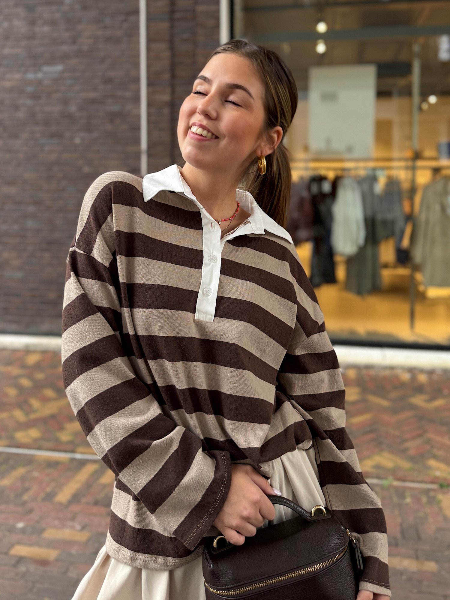 Bruin/ taupe gestreepte polo Jessy