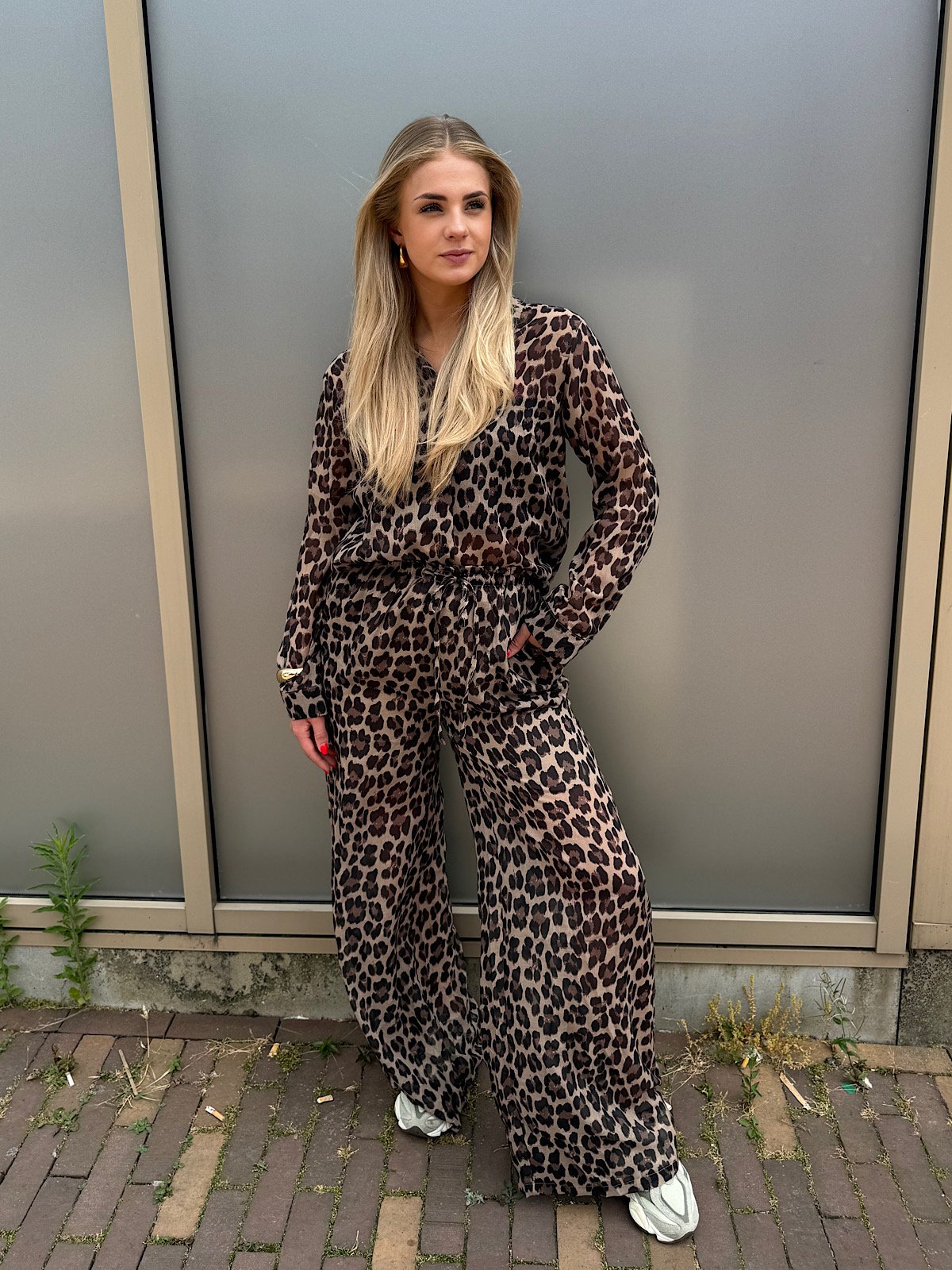 Bruine leopard wide leg broek