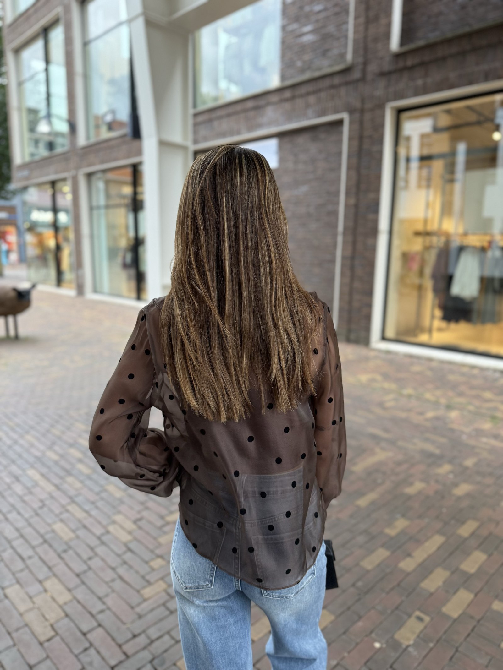 Bruine stippen blouse met volants