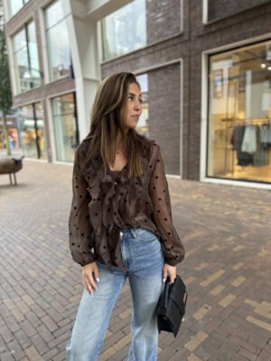 Bruine stippen blouse met volants