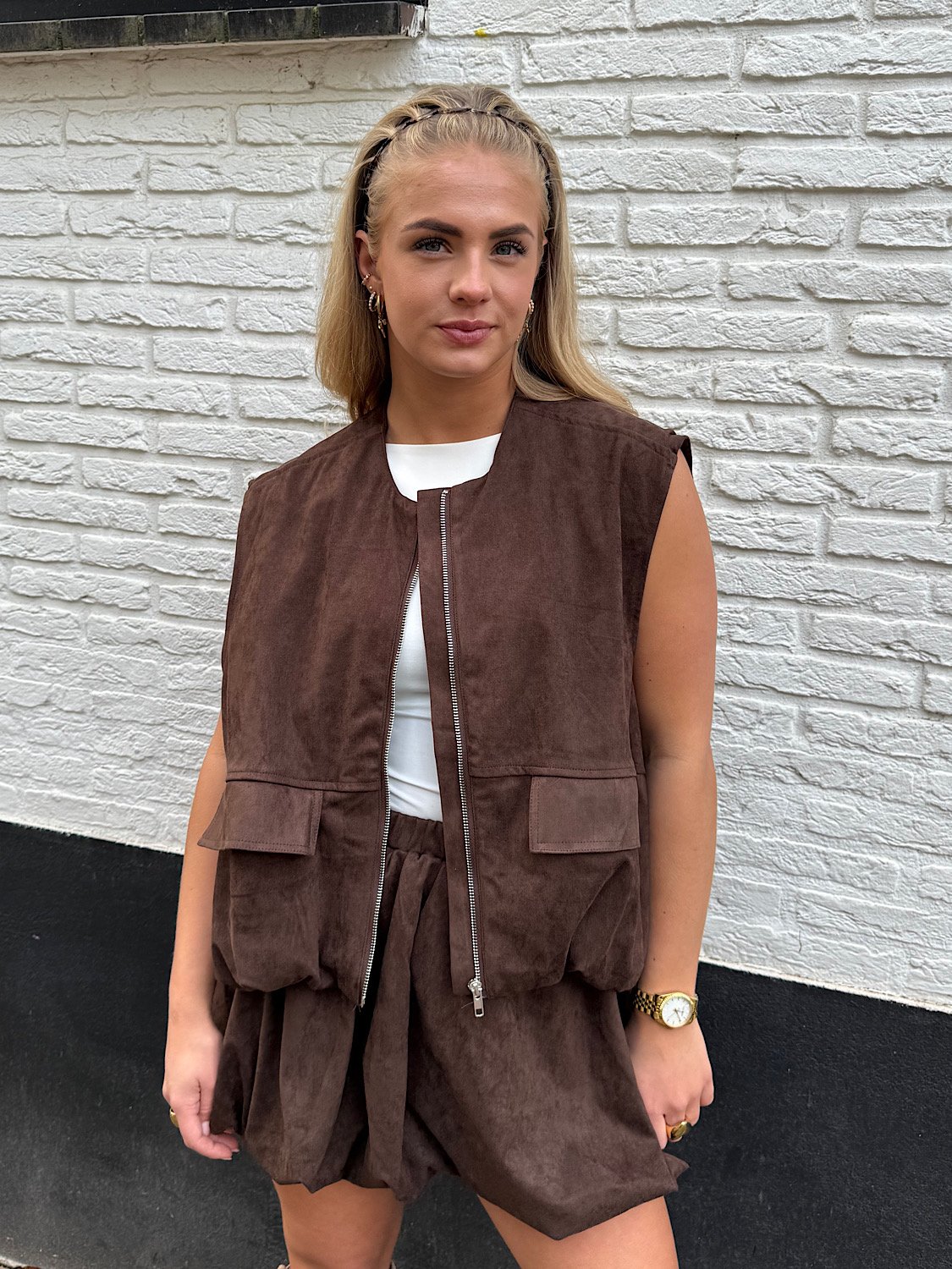 Donkerbruin suéde gilet