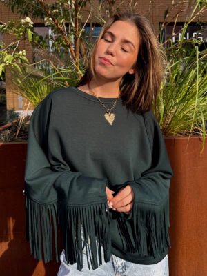 Donkergroene sweater met fringe