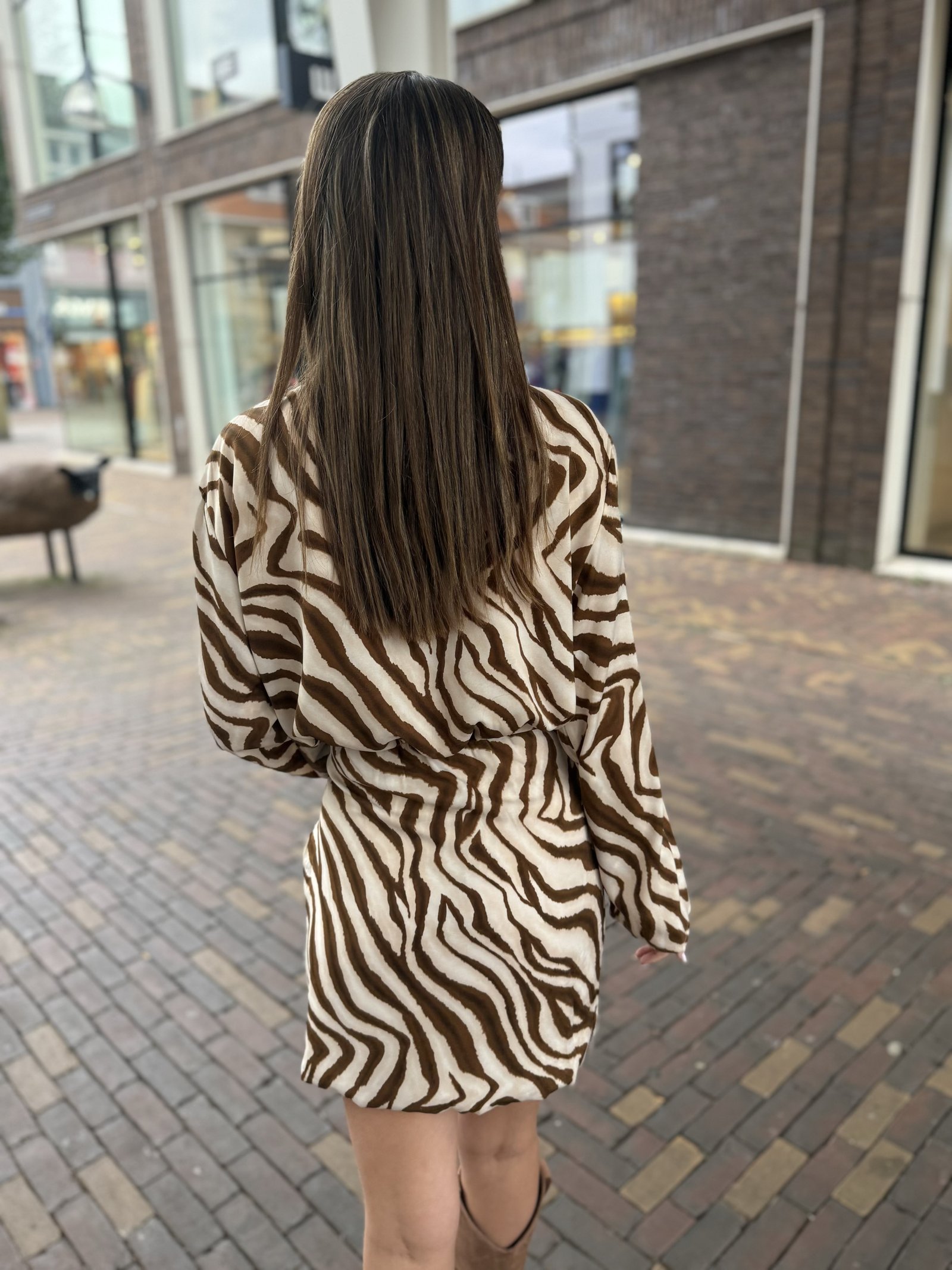 Ecru jurkje met bruine zebra print