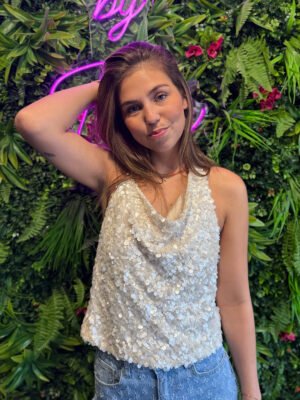 Ecru pailletten top met open rug Louna