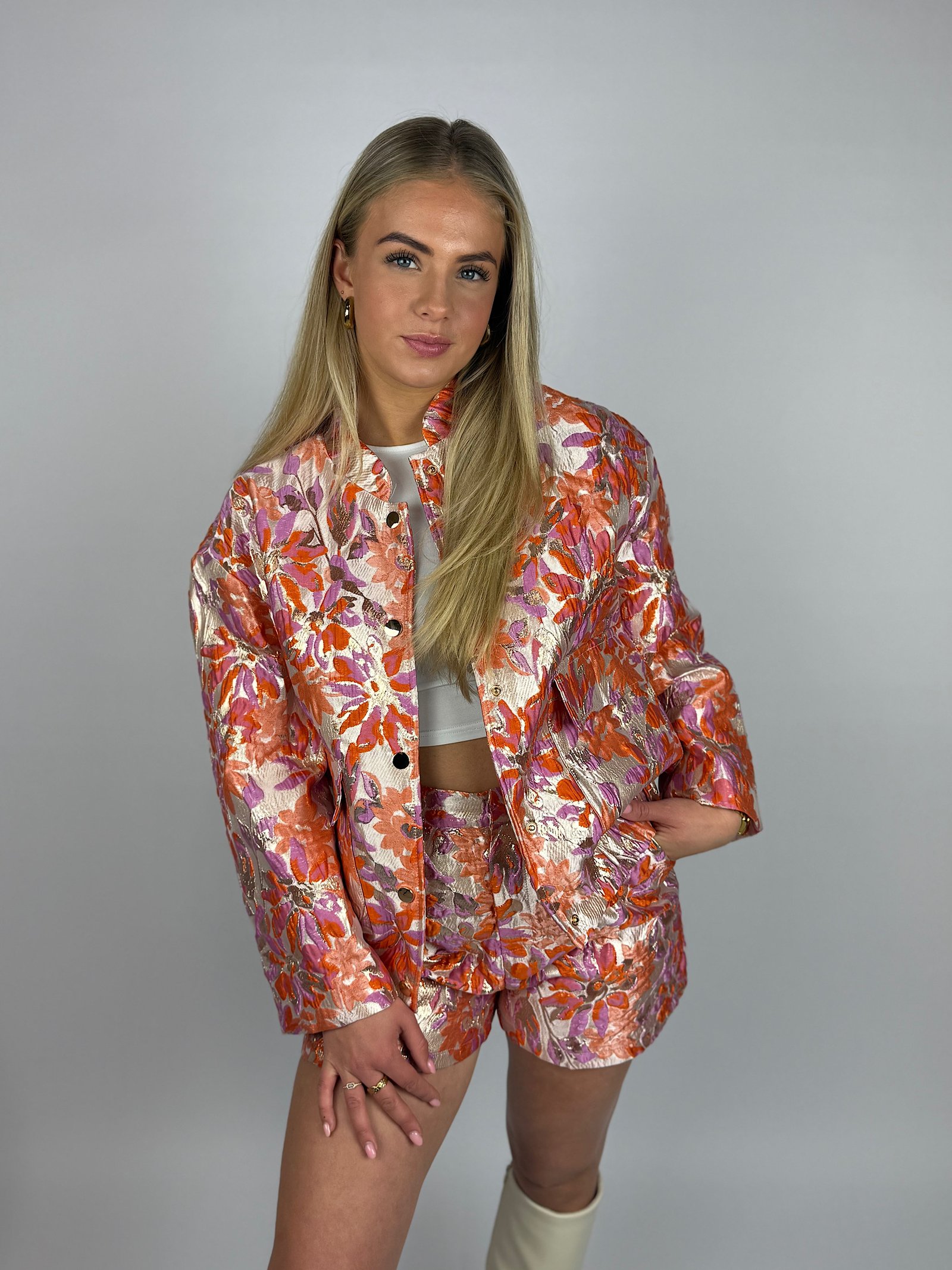 Oranje/ mauve gebloemd jacquard jack