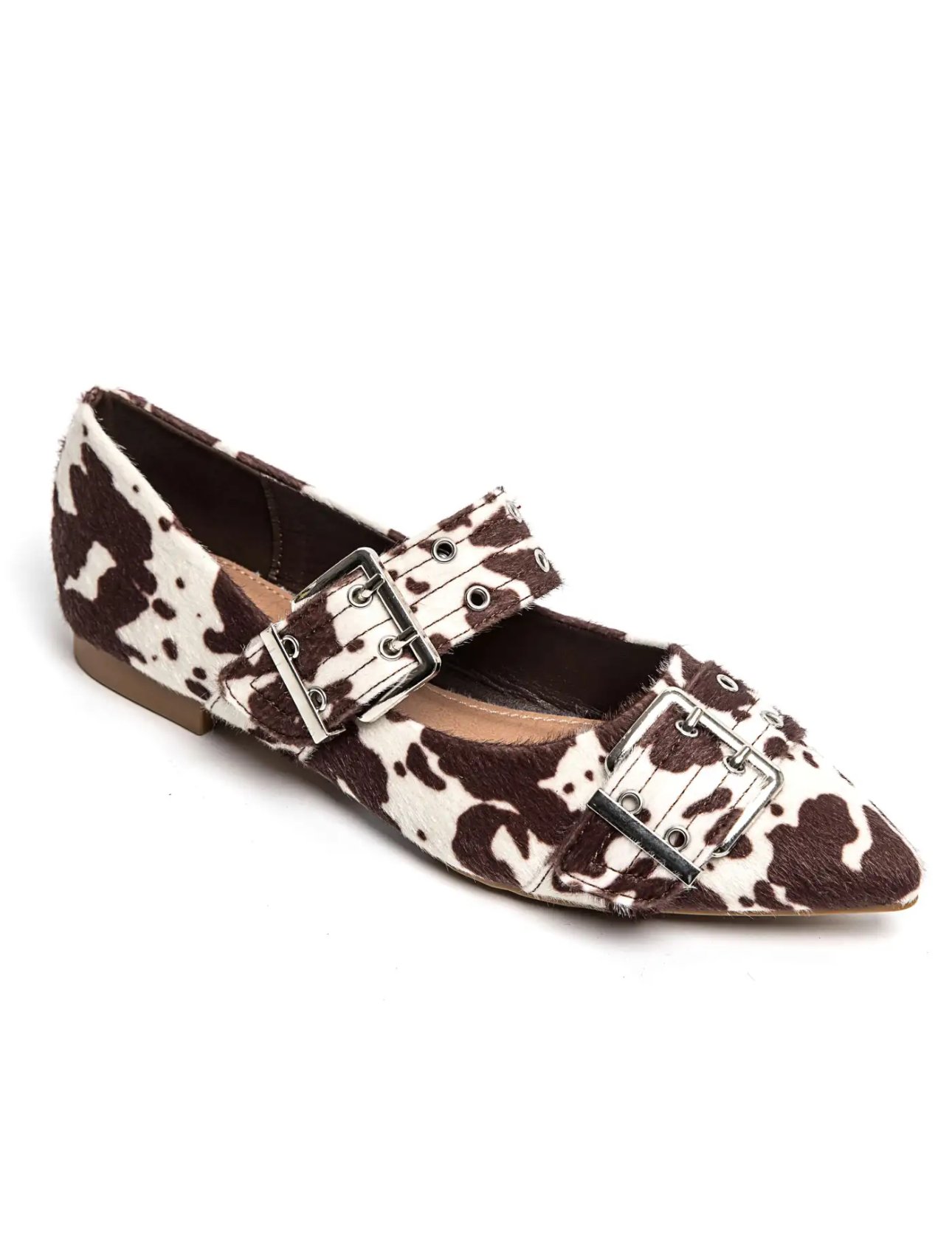 Puntige loafers met riempjes en koeienprint