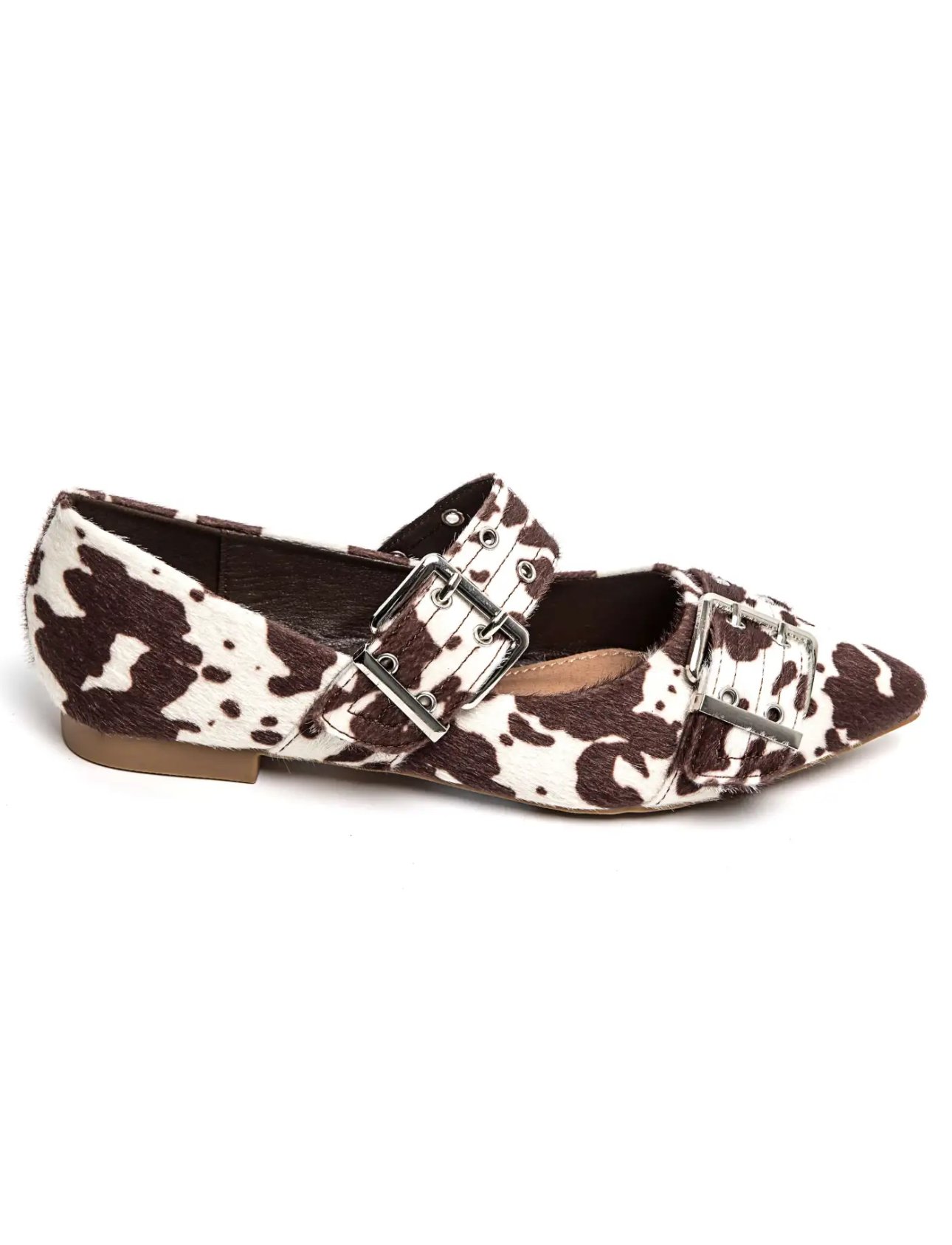 Puntige loafers met riempjes en koeienprint