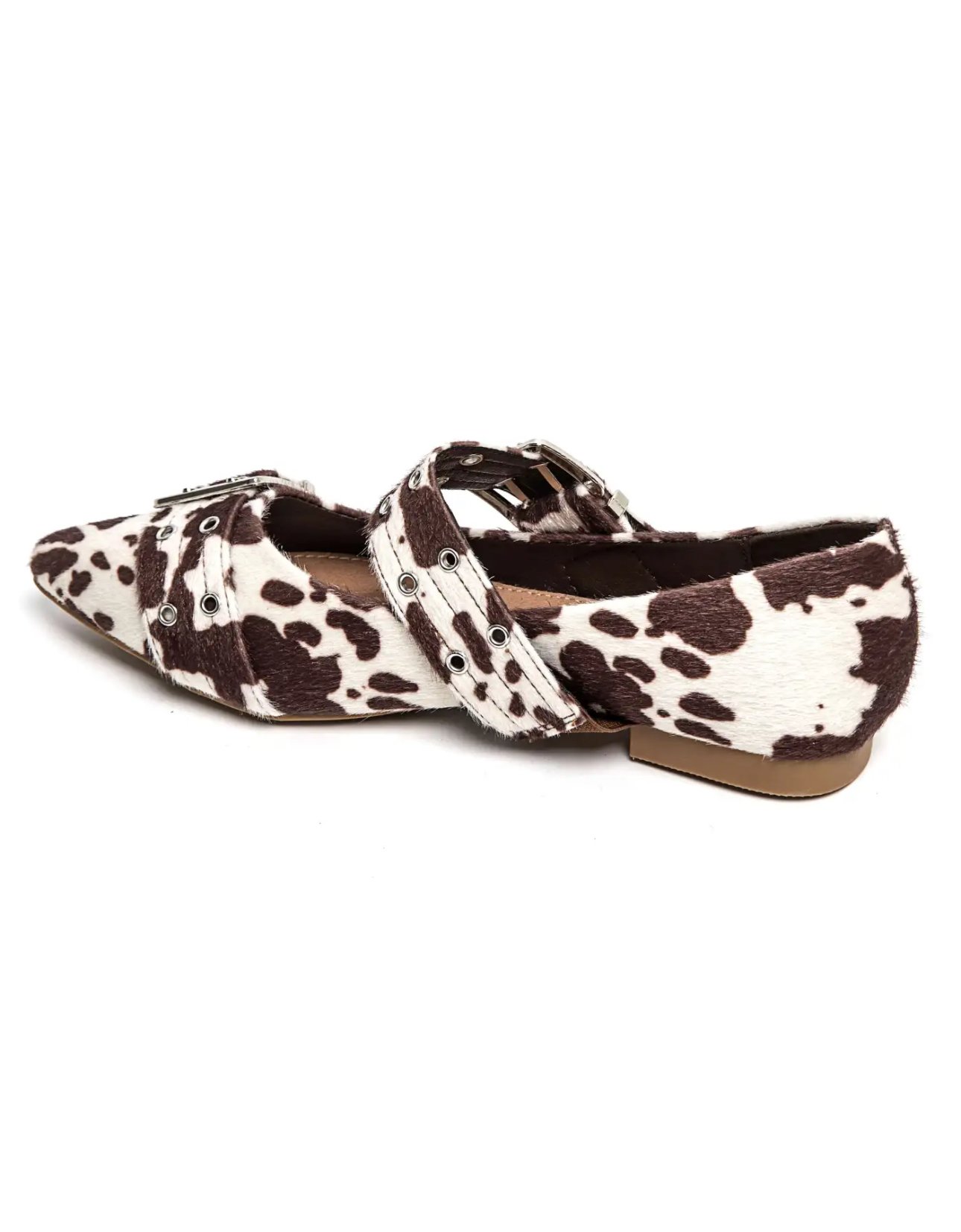 Puntige loafers met riempjes en koeienprint