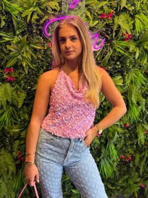 Roze pailletten top met open rug Louna