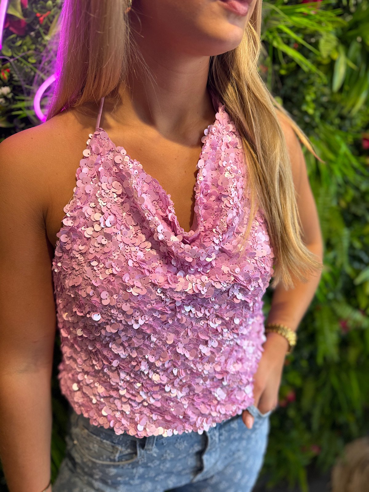 Roze pailletten top met open rug Louna