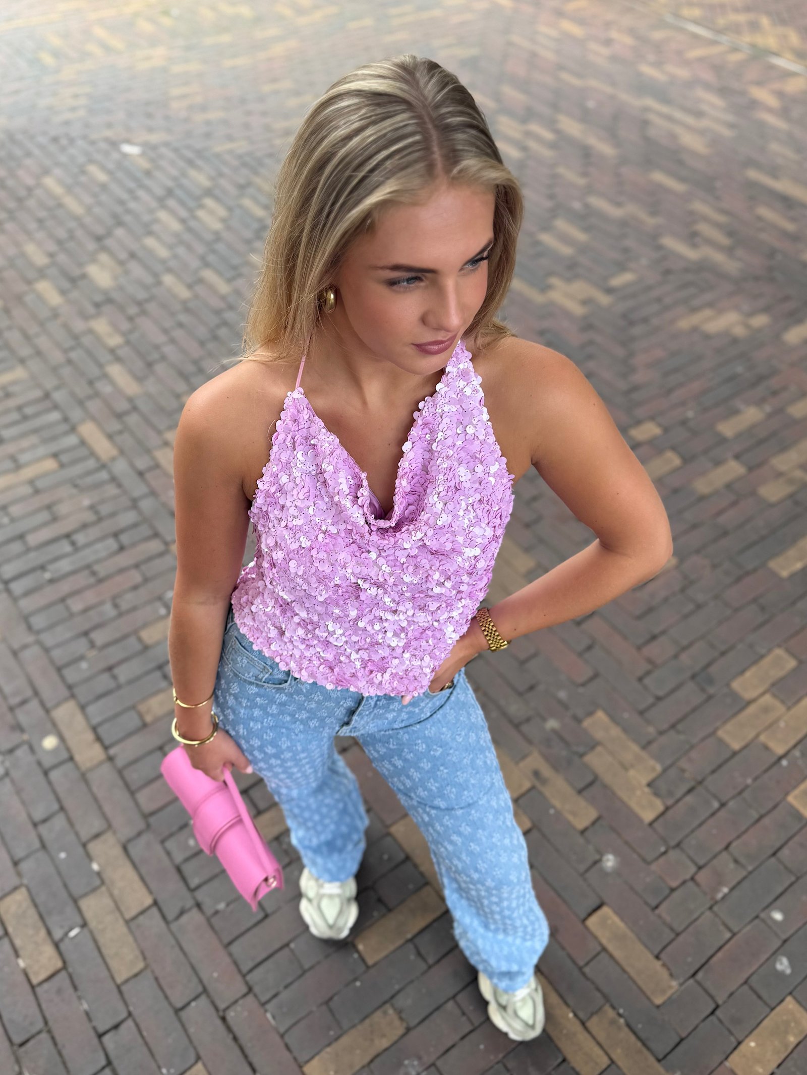 Roze pailletten top met open rug Louna