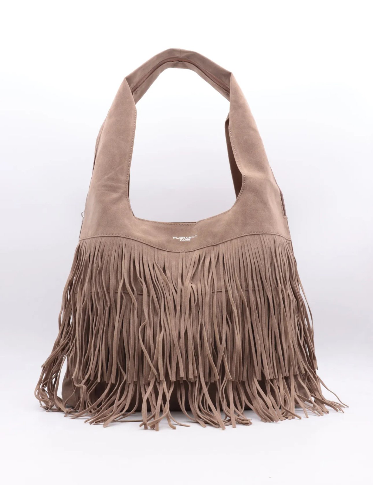 Taupe schoudertas met fringe 7516