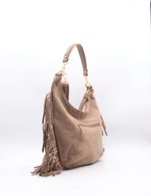 Taupe tas met fringe en gouden details 7531
