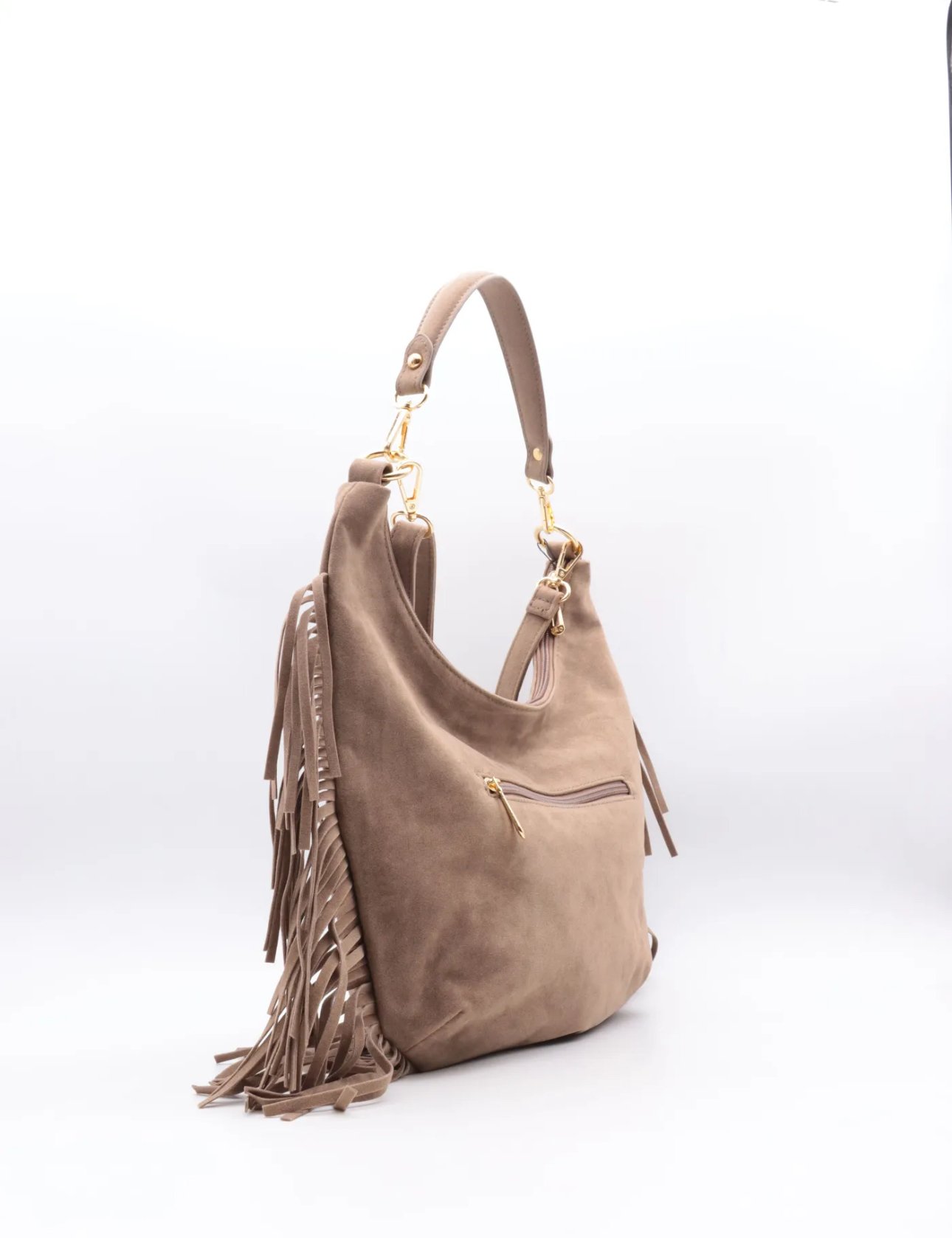 Taupe tas met fringe en gouden details 7531