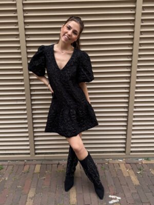 Zwart jacquard pof jurkje Mila