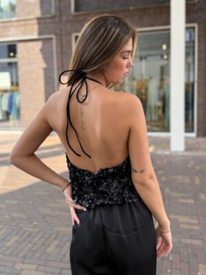 Zwarte pailletten top met open rug Louna