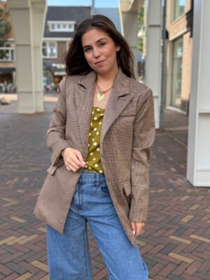 Camel geruite blazer met glitters