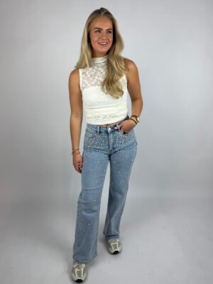 Blauwe wide leg jeans parels 6034-5