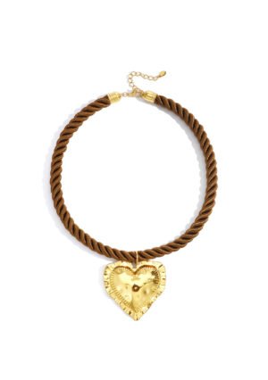 Gevlochten ketting gouden hart - bruin