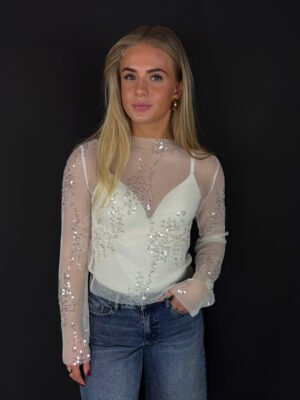 Mesh top met pailletten - wit