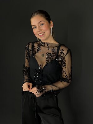 Mesh top met pailletten - zwart