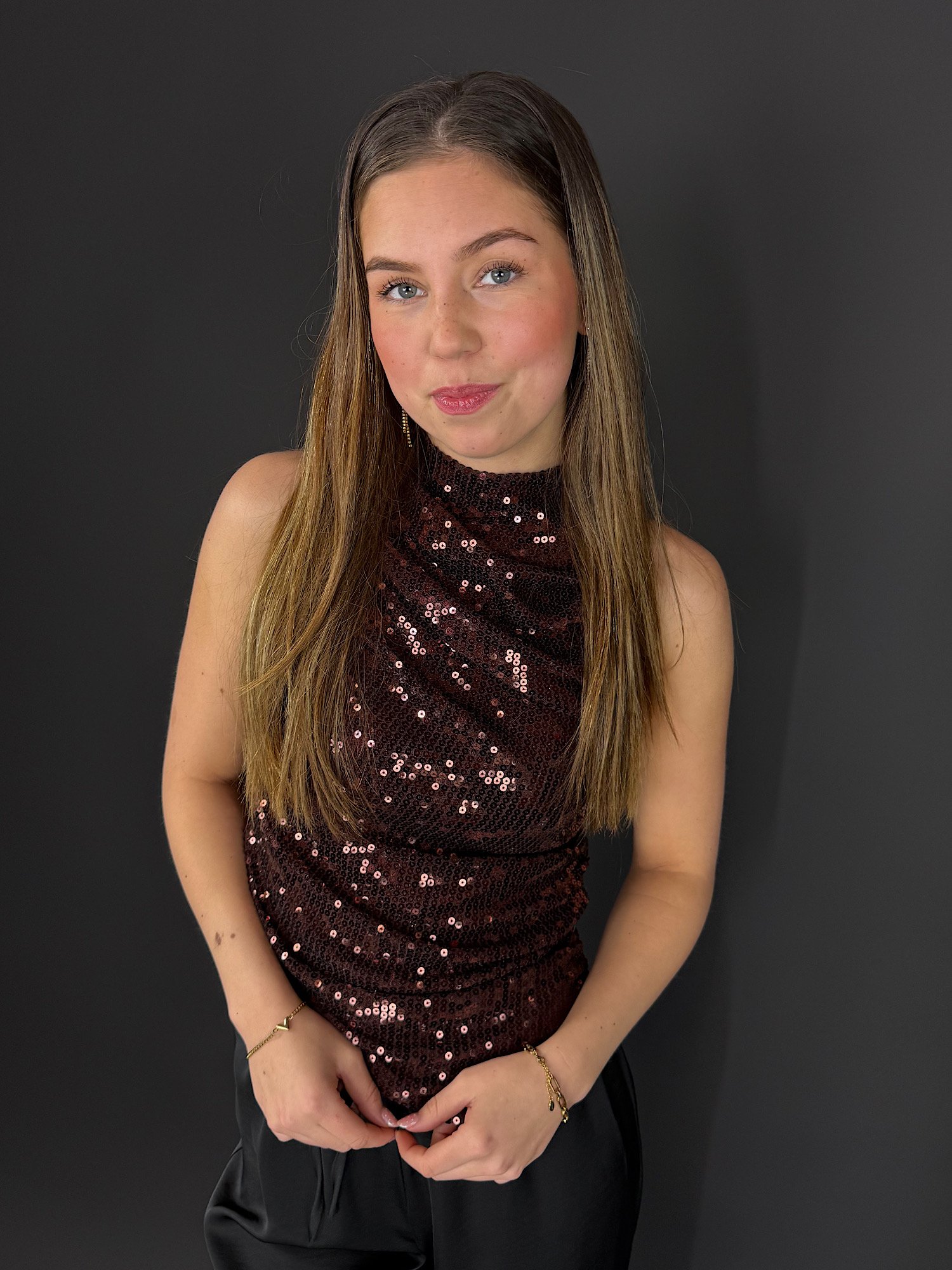 Pailletten top Amina - bruin
