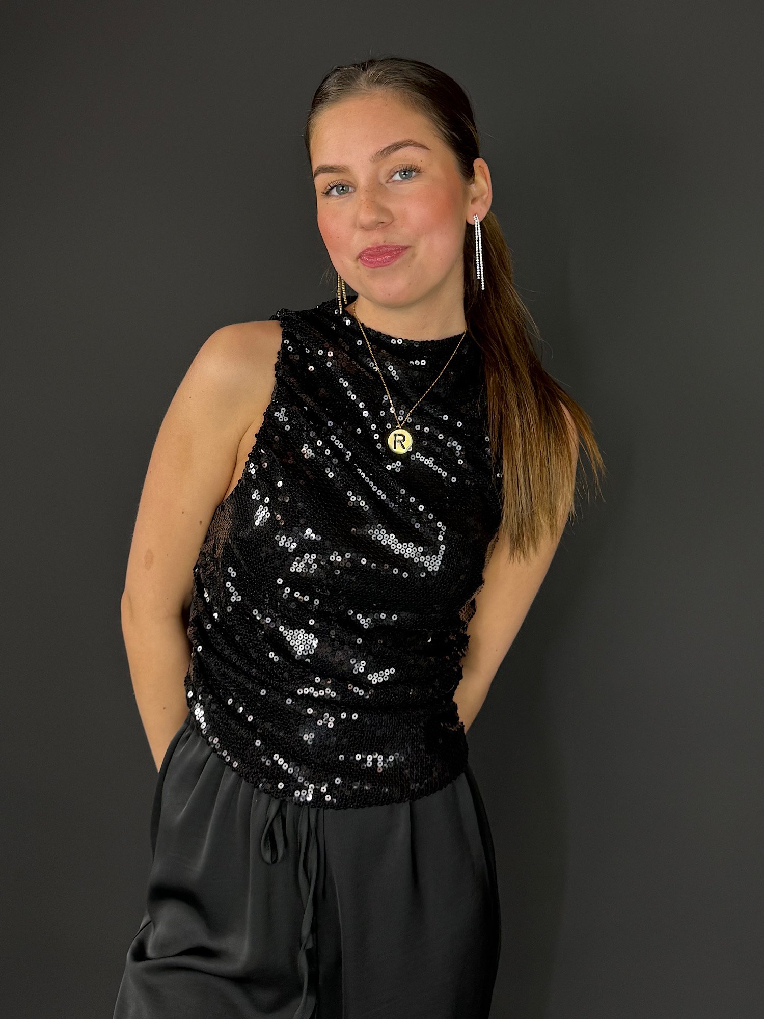 Pailletten top Amina - zwart