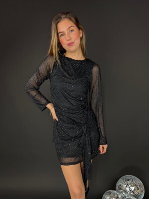 Strass mini jurkje met strik - zwart