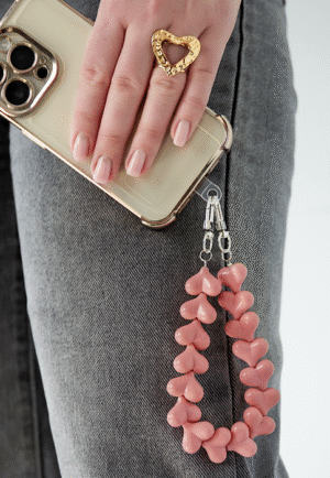 Telefoonkoord hartjes - roze/ zilver