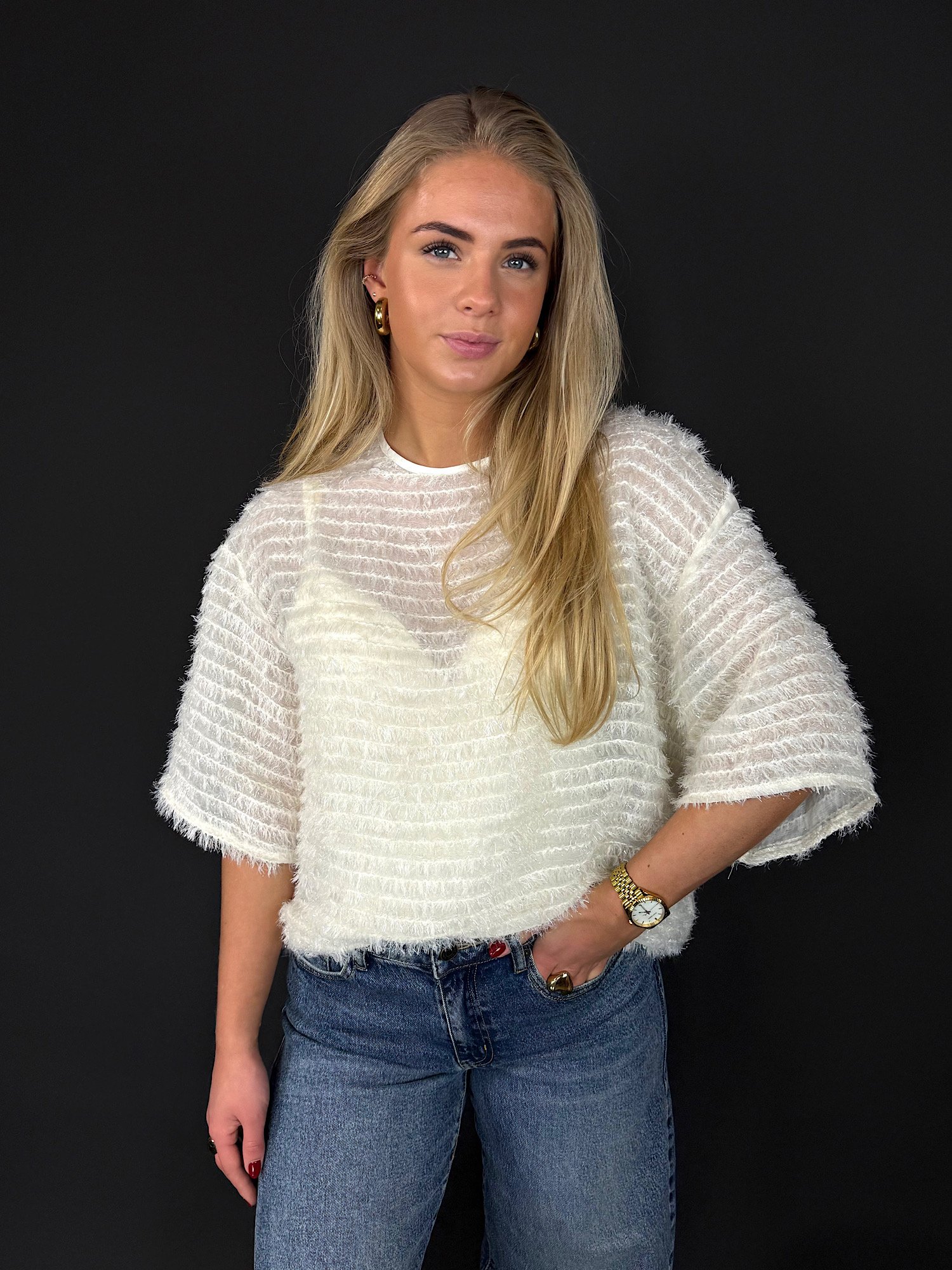 Top met fluffy strepen Lindy - ecru