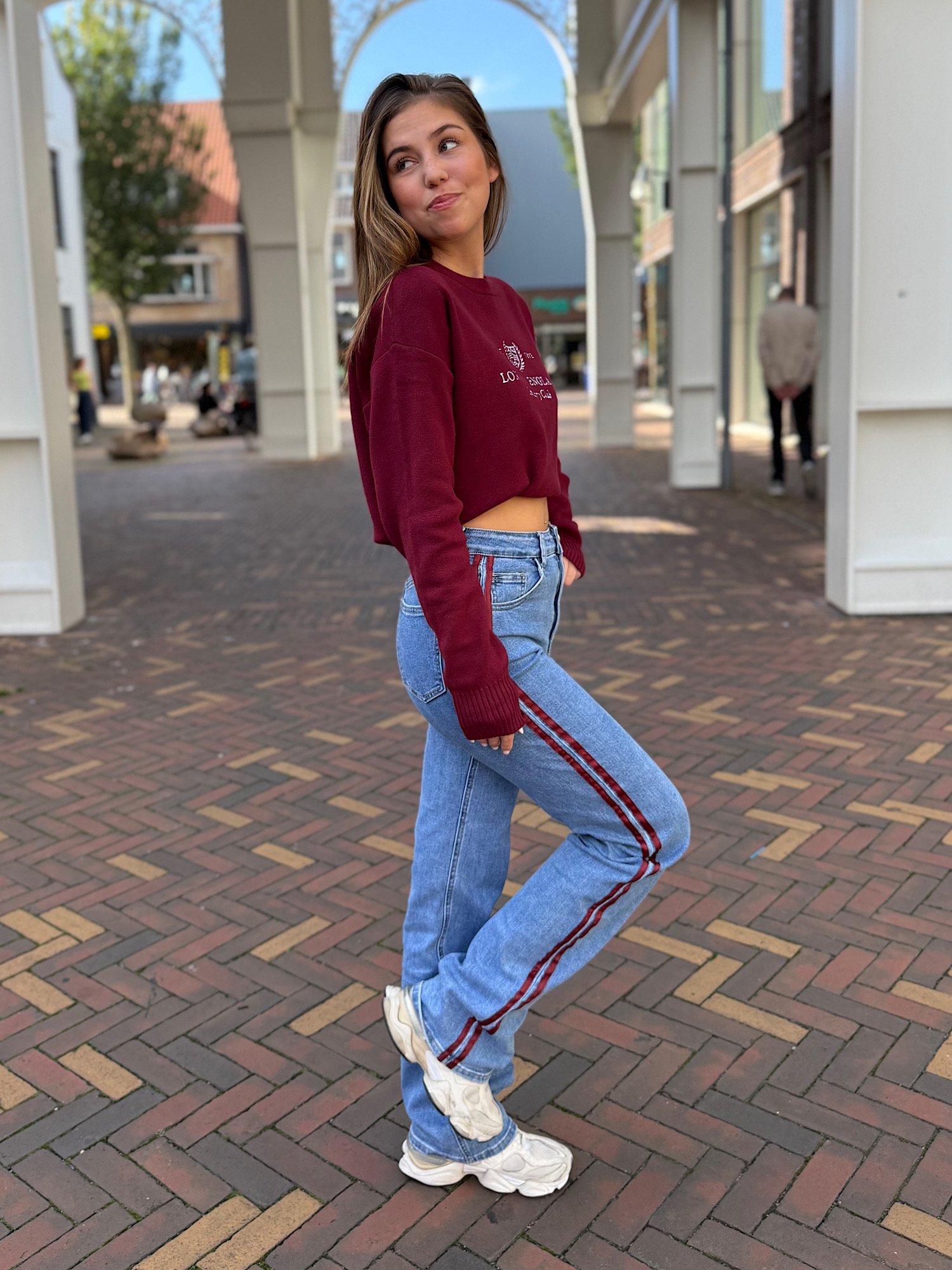 ZM - Blauwe extra tall wide leg jeans bordeaux strepen