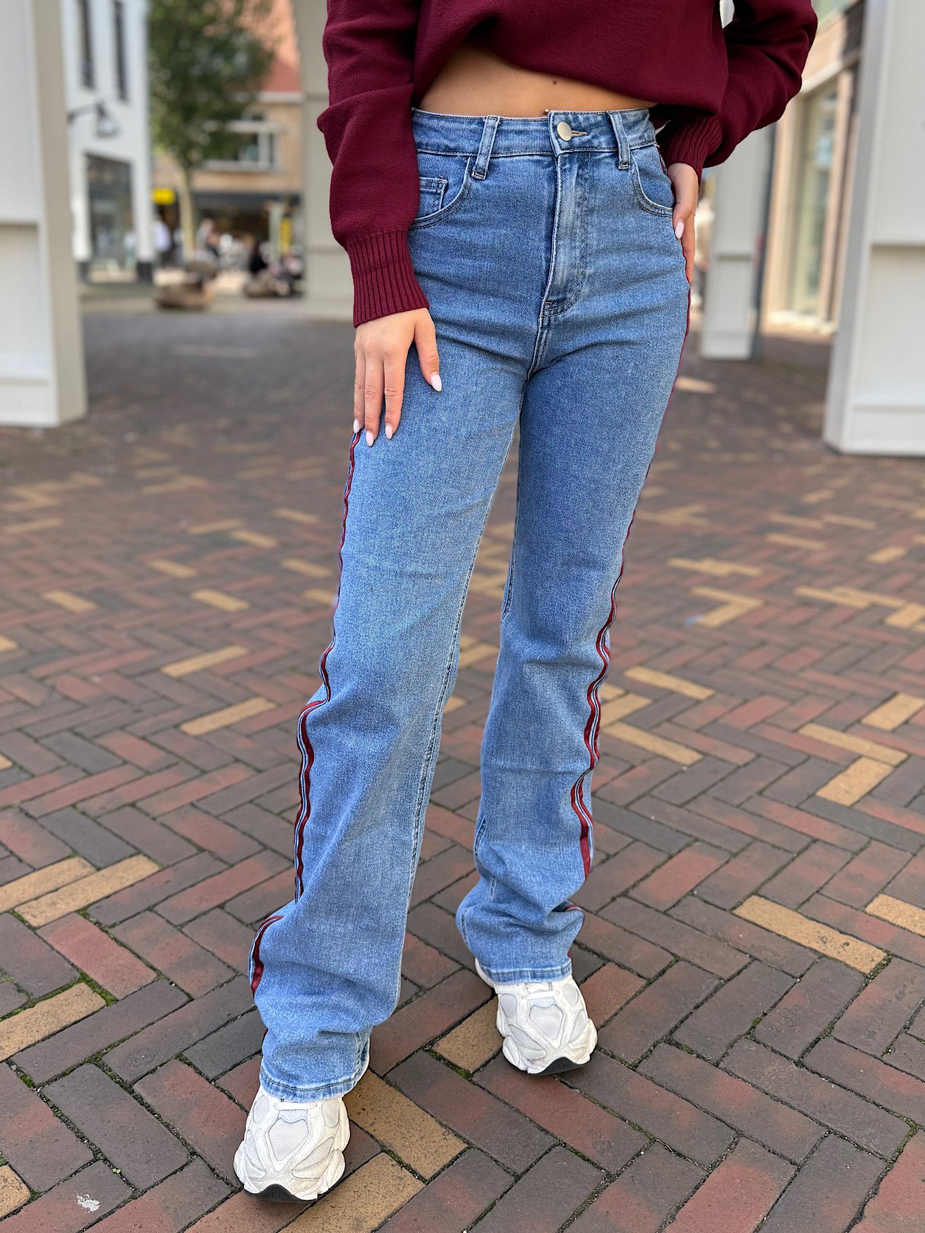 ZM - Blauwe extra tall wide leg jeans bordeaux strepen