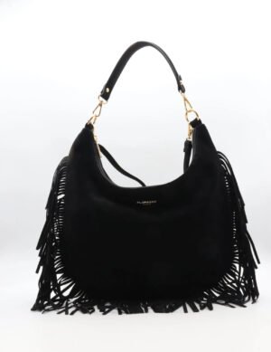 Zwarte tas met fringe en gouden details 7531