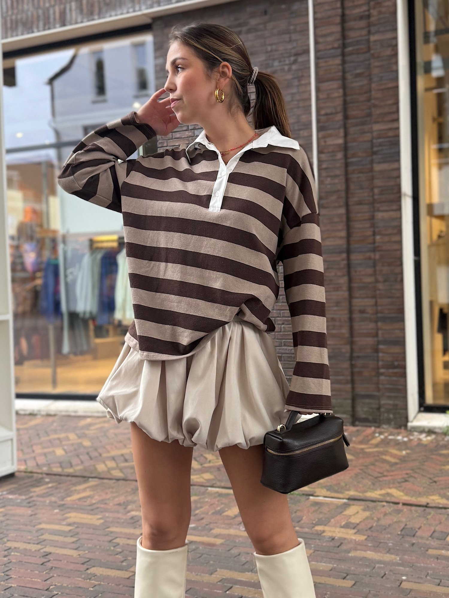 Bruin/ taupe gestreepte polo Jessy