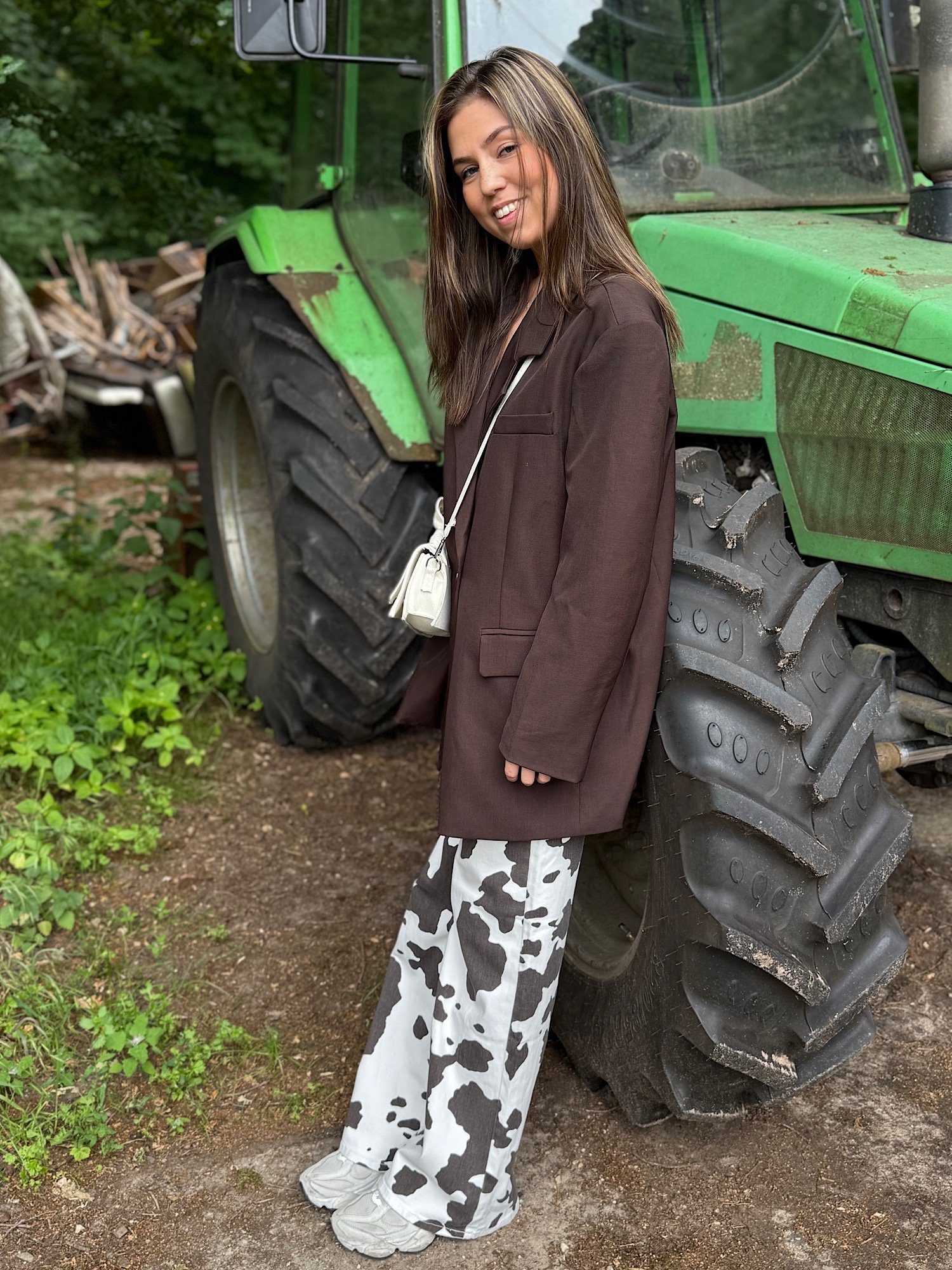 Denim cow print wide leg jeans